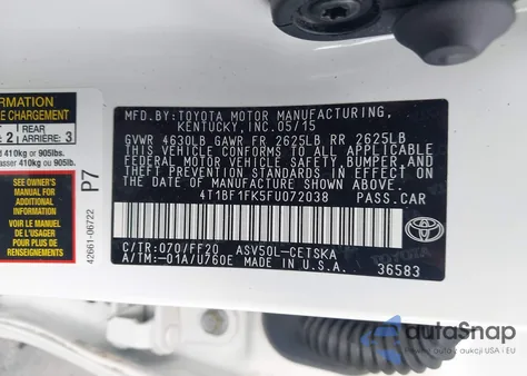 2015 Toyota Camry Se from USA, damaged, VIN 4T1BF1FK5FU072038